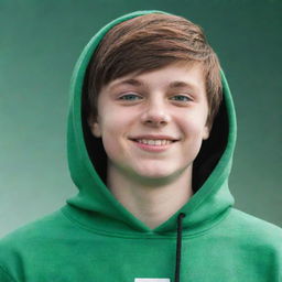 Generate a 3D illusionish profile picture. That of a 16-year-old boy with green eyes and brown hair. He is in a green, white, and black hoodie with the text 'MATIN'. He is smiling, looking upwards towards the beautiful sky, standing on an image of a mobile phone.