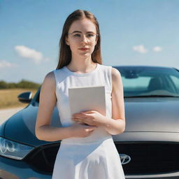 A confident girl, with glasses and a book, standing besides a sleek, modern car under a bright, sunny sky.