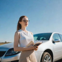 A confident girl, with glasses and a book, standing besides a sleek, modern car under a bright, sunny sky.