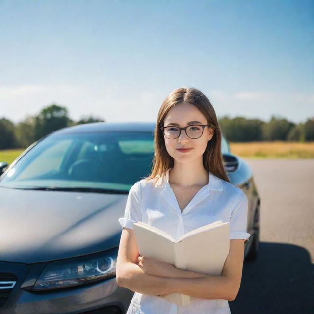 A confident girl, with glasses and a book, standing besides a sleek, modern car under a bright, sunny sky.