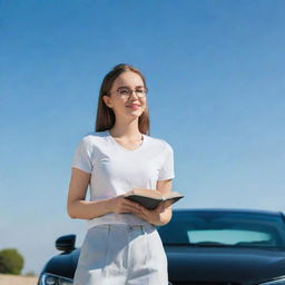 A confident girl, with glasses and a book, standing besides a sleek, modern car under a bright, sunny sky.