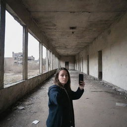 A person taking a selfie in an abandoned, eerily quiet urban environment to signify the last selfie on Earth.