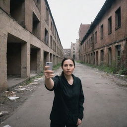 A person taking a selfie in an abandoned, eerily quiet urban environment to signify the last selfie on Earth.