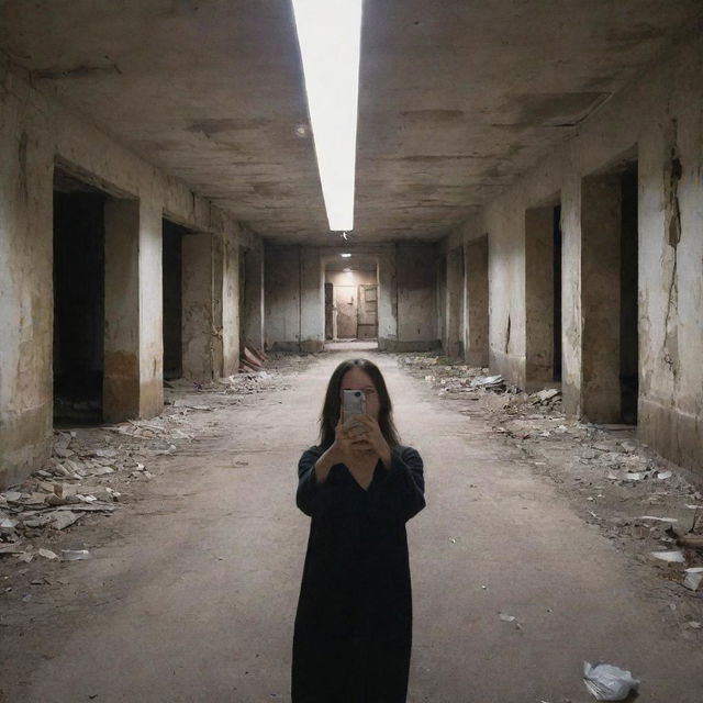 A person taking a selfie in an abandoned, eerily quiet urban environment to signify the last selfie on Earth.