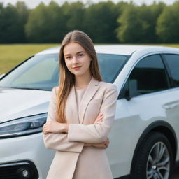 A bright and intelligent young girl confidently standing beside a sleek, modern automobile, demonstrating her interest and knowledge in the field of automotive.