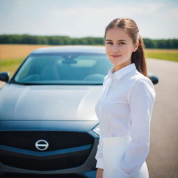 A bright and intelligent young girl confidently standing beside a sleek, modern automobile, demonstrating her interest and knowledge in the field of automotive.