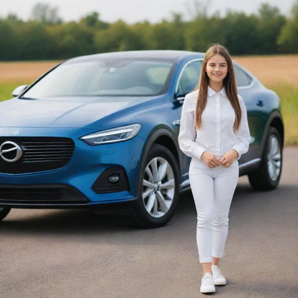 A bright and intelligent young girl confidently standing beside a sleek, modern automobile, demonstrating her interest and knowledge in the field of automotive.