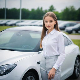 A bright and intelligent young girl confidently standing beside a sleek, modern automobile, demonstrating her interest and knowledge in the field of automotive.