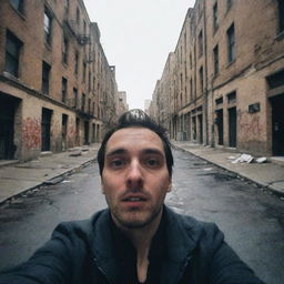 A person snapping a eerie and creepy selfie in an deserted, seemingly cursed urban environment, depicting the last selfie on Earth.