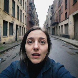 A person snapping a eerie and creepy selfie in an deserted, seemingly cursed urban environment, depicting the last selfie on Earth.