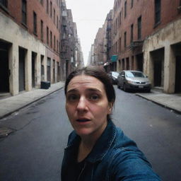 A person snapping a eerie and creepy selfie in an deserted, seemingly cursed urban environment, depicting the last selfie on Earth.