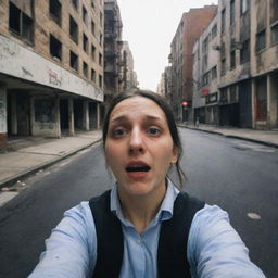 A person snapping a eerie and creepy selfie in an deserted, seemingly cursed urban environment, depicting the last selfie on Earth.