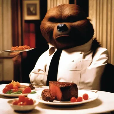 In the movie's iconic dinner scene, the antagonist orders a chewy steak to emphasize his menacing presence.