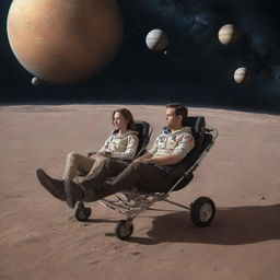 Couple sitting together on a space stroller, surrounded by the vast expanse of interplanetary space, enveloped in a warm and quiet atmosphere.