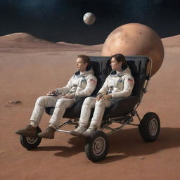 Couple sitting together on a space stroller, surrounded by the vast expanse of interplanetary space, enveloped in a warm and quiet atmosphere.