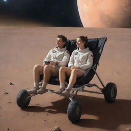 Couple sitting together on a space stroller, surrounded by the vast expanse of interplanetary space, enveloped in a warm and quiet atmosphere.