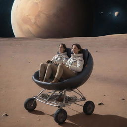 Couple sitting together on a space stroller, surrounded by the vast expanse of interplanetary space, enveloped in a warm and quiet atmosphere.