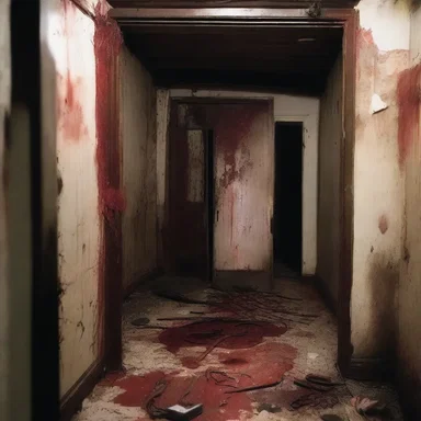 The haunted house was filled with ferrous tools covered in blood, creating a spine-chilling atmosphere.