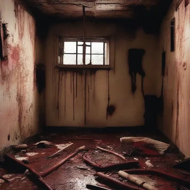 The haunted house was filled with ferrous tools covered in blood, creating a spine-chilling atmosphere.