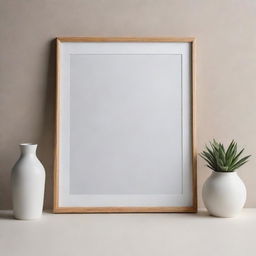 An elegant yet simple photo frame mockup, leaning against a neutral background with realistic light and shadow details.