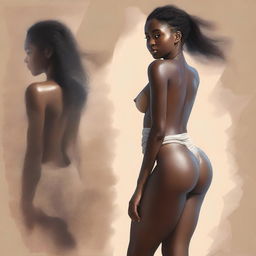 This is a highly detailed, realistic digital artwork featuring a full-body portrait of a sexy 18-year-old with dark skin