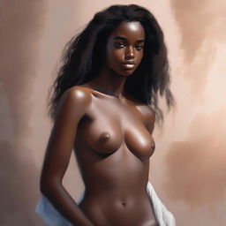 This is a highly detailed, realistic digital artwork featuring a full-body portrait of a sexy 18-year-old with dark skin