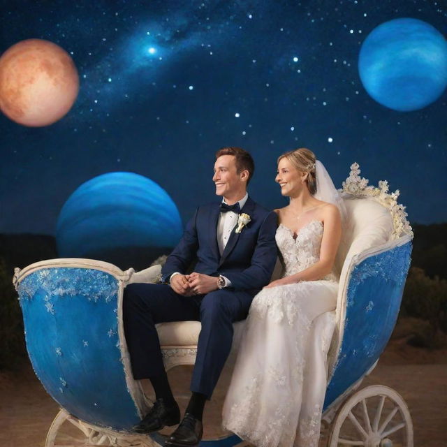 A happily married couple, the groom and his bride, perched in a fairy-tale-like carriage amidst a celestial panorama of vibrant blue planets and twinkling stars, imbuing a serene, warm, and joyous ambience.