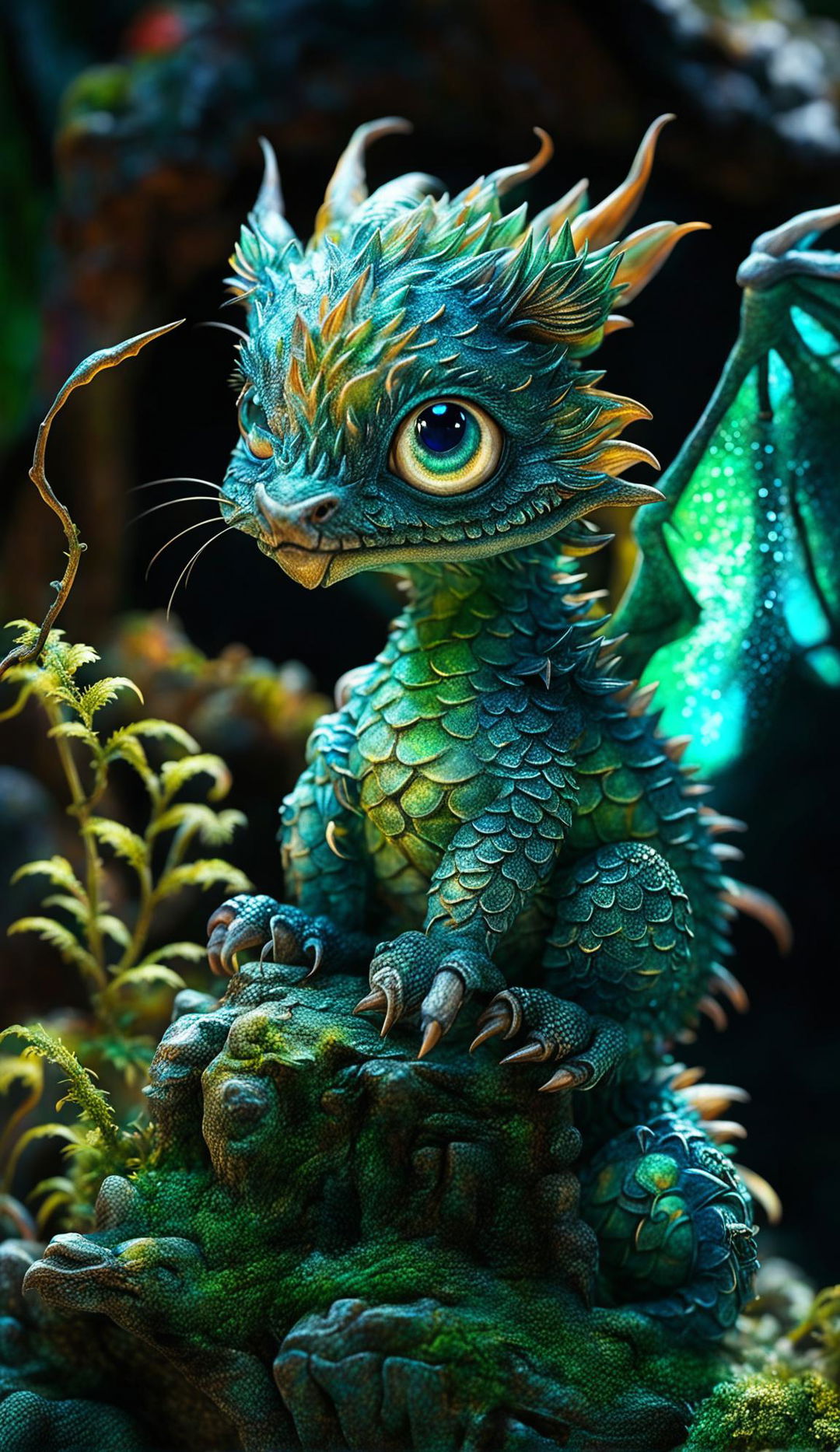 A small dragon with emerald green and sapphire blue scales perched on a moss-covered rock under moonlight, watching fireflies.