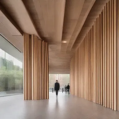 The design of the building incorporated the use of natural elements to complement the interior space, like an eager wave of wood flowing through the entrance.