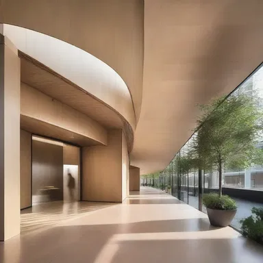 The design of the building incorporated the use of natural elements to complement the interior space, like an eager wave of wood flowing through the entrance.