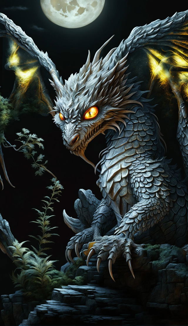 A slightly larger dragon with grey scales perched on a moss-covered rock under moonlight, watching fireflies.