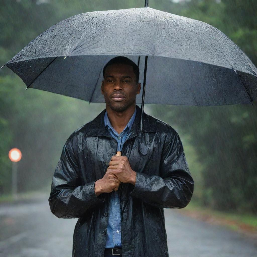 A black man standing in the rain, clutching a large umbrella, raindrops cascading around him