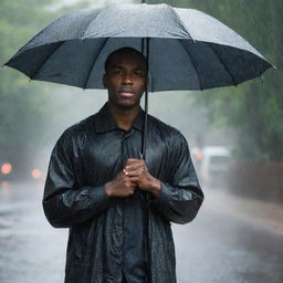 A black man standing in the rain, clutching a large umbrella, raindrops cascading around him