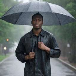 A black man standing in the rain, clutching a large umbrella, raindrops cascading around him