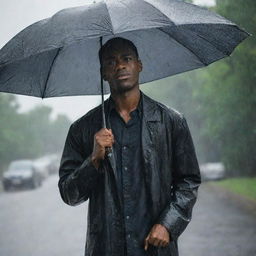 A black man standing in the rain, clutching a large umbrella, raindrops cascading around him