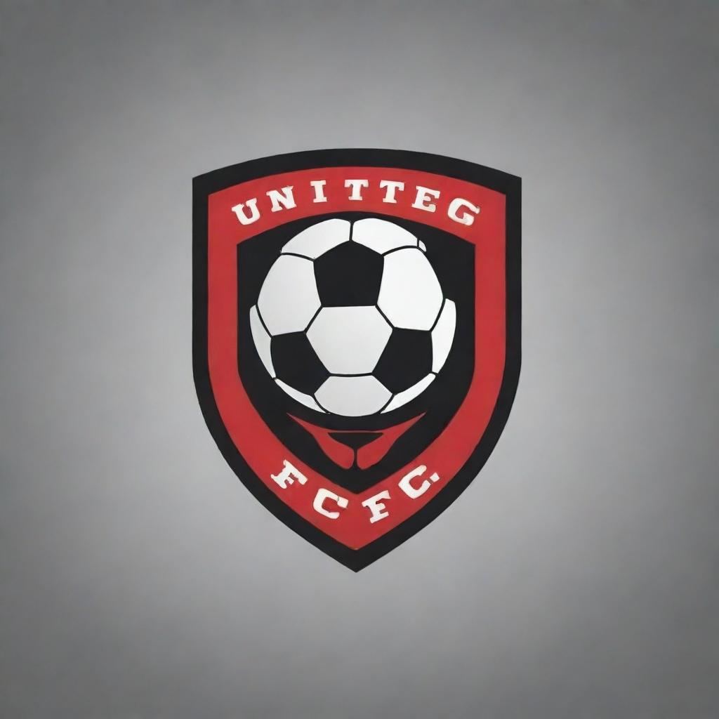 Design an attractive and professional-looking logo for a football club named 'United FC'. Use bold colors and incorporate football elements for a coherent theme.