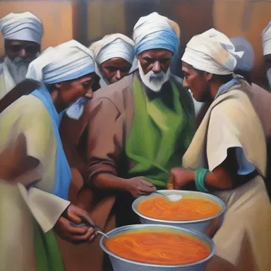 The artist created a beautiful painting of the soup kitchen, capturing the faces of the needy.