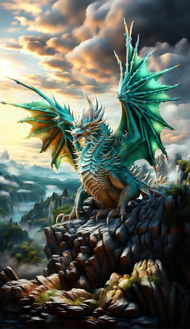 A realistic 3D render of a majestic dragon perched on a rocky outcrop overlooking a misty valley.