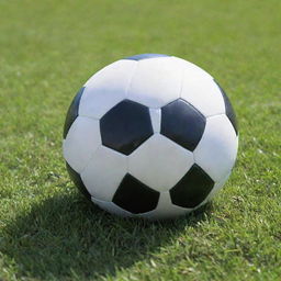 A perfectly round, classic black and white soccer ball resting on fresh green grass under bright daylight.