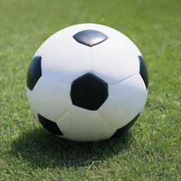 A perfectly round, classic black and white soccer ball resting on fresh green grass under bright daylight.