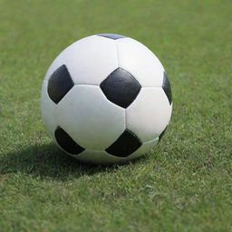 A perfectly round, classic black and white soccer ball resting on fresh green grass under bright daylight.