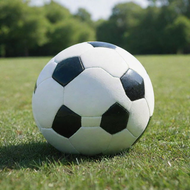 A perfectly round, classic black and white soccer ball resting on fresh green grass under bright daylight.