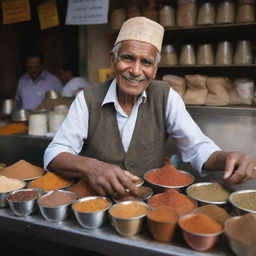 An elderly, cheerful tea vendor in a bustling Indian market, surrounded by fragrant spices and steaming chai cups.