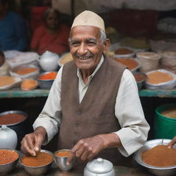 An elderly, cheerful tea vendor in a bustling Indian market, surrounded by fragrant spices and steaming chai cups.