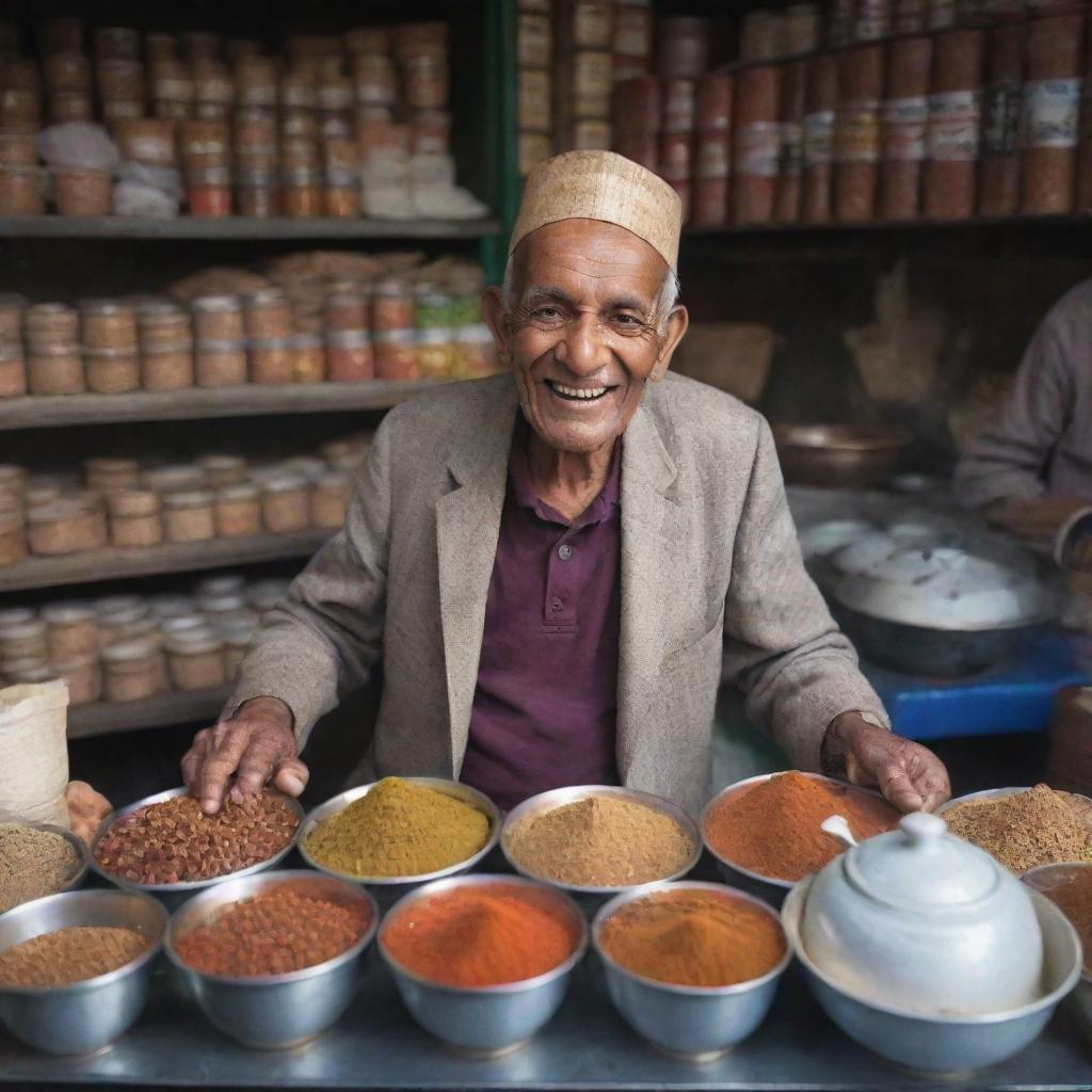 An elderly, cheerful tea vendor in a bustling Indian market, surrounded by fragrant spices and steaming chai cups.