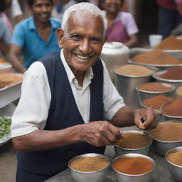 An elderly, cheerful tea vendor in a bustling Indian market, surrounded by fragrant spices and steaming chai cups.