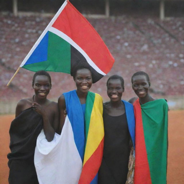 Five graceful ladies with black skin, proudly holding the flag of South Sudan in a bustling stadium.