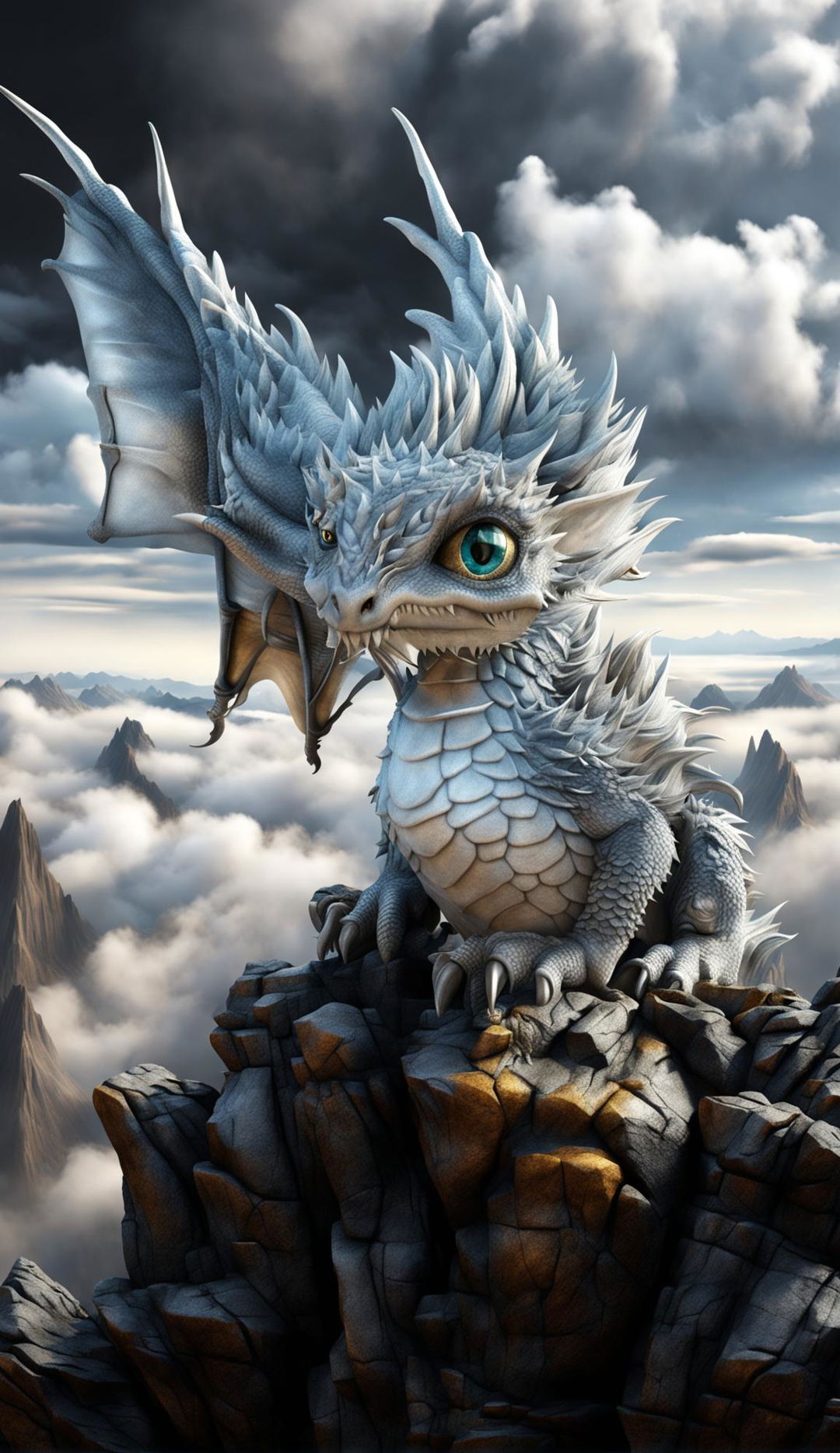 A smaller, grey-toned 3D dragon perched on a rocky outcrop overlooking a misty valley.