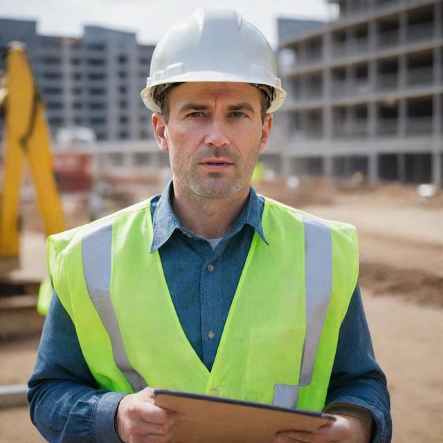 A professional looking man wearing a hard hat, carrying a clipboard and actively overseeing a bustling construction site