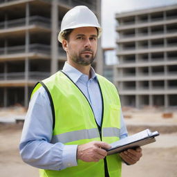 A professional looking man wearing a hard hat, carrying a clipboard and actively overseeing a bustling construction site